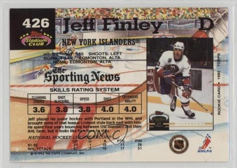 1992-93 Topps Stadium Club Jeff Finley #426 Rookie RC - Image 2 of 2