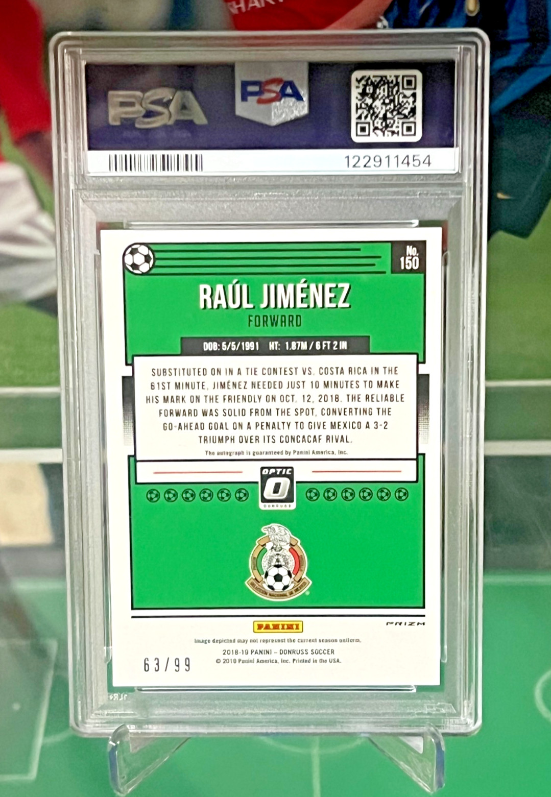 2018-19 Panini Donruss #150 Optic Raul Jimenez Blue Prizm /99 PSA 8 Auto 10 view 3