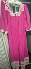 Vintage 60 s Pink Lace Trim Nylon Robe Gown Set Bow Accent Long Sleeve Size L