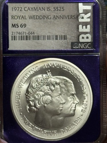 1972 CAYMAN ISLANDS SILVER 25 DOLLARS ROYAL WEDDING ANNIV NGC MS69 FINEST KNOWN!