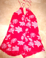 Roxy Romper Women's Red Tropical Print Halter Strappy Tie Back Backless SZ S/P