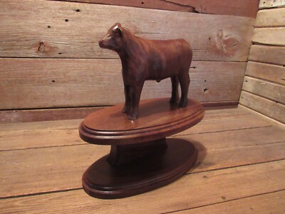 Vintage Wooden BLACK ANGUS BULL Figurine 0n Trophy Stand Country Farm Cow