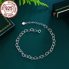 Lady Solid 925 Sterling Silver Heart Shape Chain Link Anklet Foot Chain Bracelet