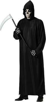 XUNIVERS Costume da mietitore triste nero, 4 pezzi,Costume Halloween Morte Adulti e Bambini, set con mantello nero con occhiali luminosi, costume da morte, per feste e cosplay, accessori per adulti