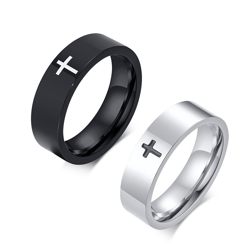 6mm Black/White Cross Band Stainless Steel Men Women's Silver