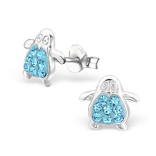 925 Sterling Silver Penguin With Aqua Blue Crystal Stud Earrings Jewelry
