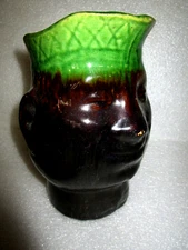 Primitive Folk Art Bennington Pottery 8" Face Pitcher 1920-30 Brown & Green