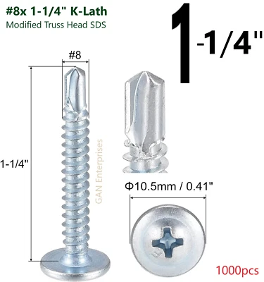 CYW ,IFG AND OTHERS Modified Truss Head Self Drilling / Tapping Screws #8 x 1-1/4" K-Lath Zinc 1000