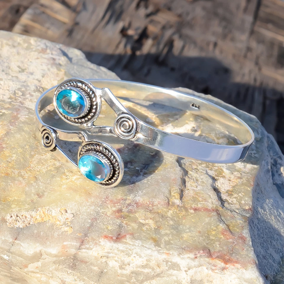 Schweizer Blautopas Edelstein Armband 925 Sterling Silber Manschette Armreif ... - Bild 4 von 4