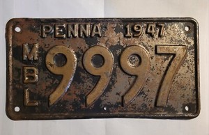 Rare 1947 Original Penna Pennsylvania MBL Motor Boat License Plate # 9997
