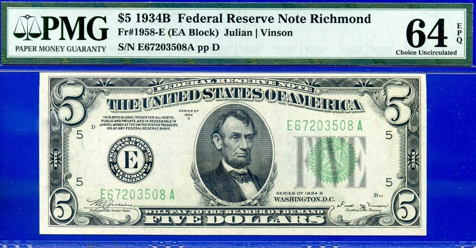 Second Best 1934B $5 Richmond FRN PMG 64EPQ crazy rare total 10 known Fr 1958-E - Image 4 of 4