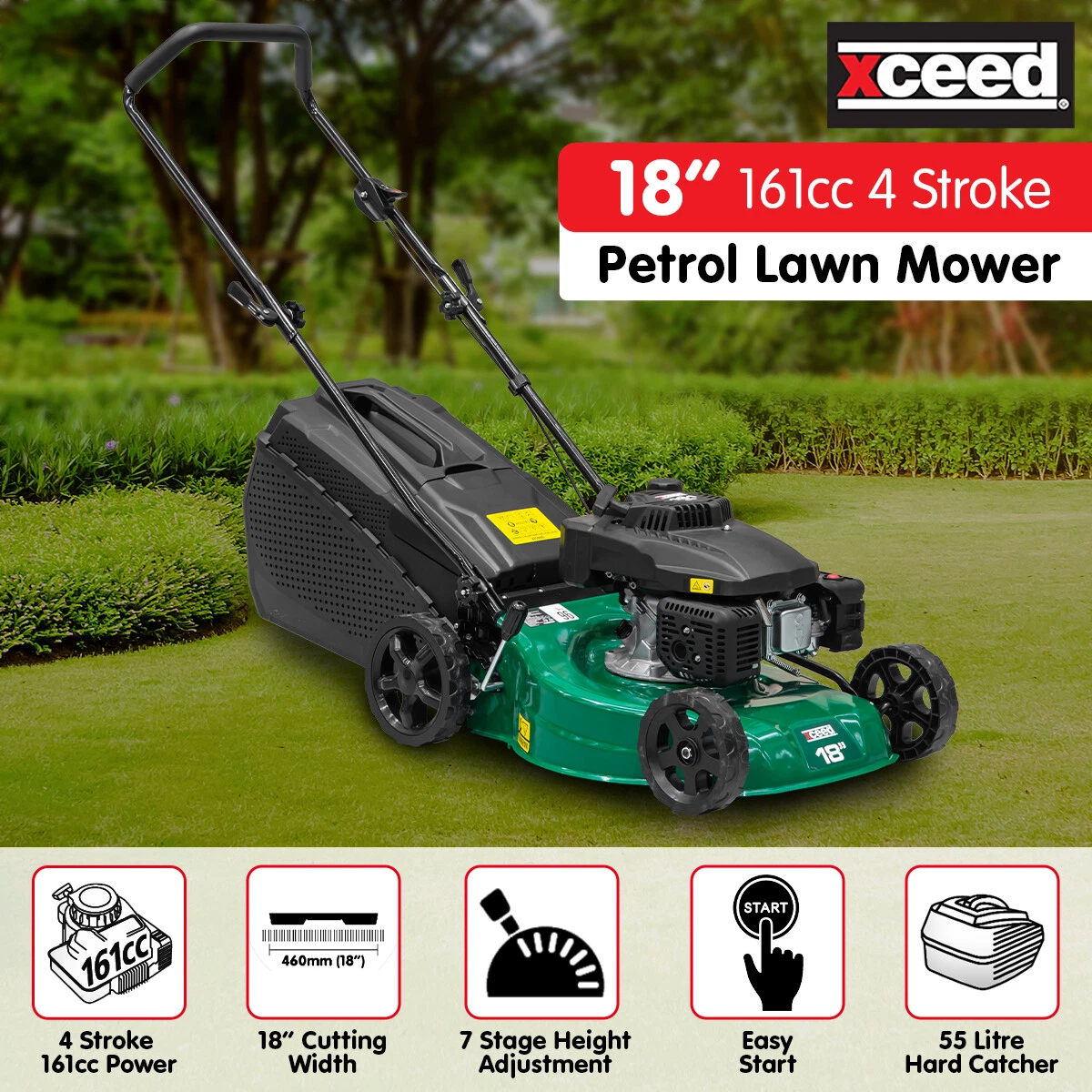 Xceed 161cc 4 Stroke 18 Petrol Lawn Mower 55L Catcher Refurbished