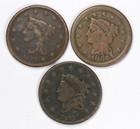 Lot of 3 - 1833, 1840, 1854 Coronet Head Braided Hair Large Cents 1C