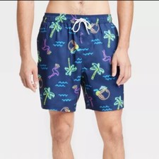    Goodfellow Co Men's 7" E-Waist water resistant, Navy-Flamingo Swim Shorts XS