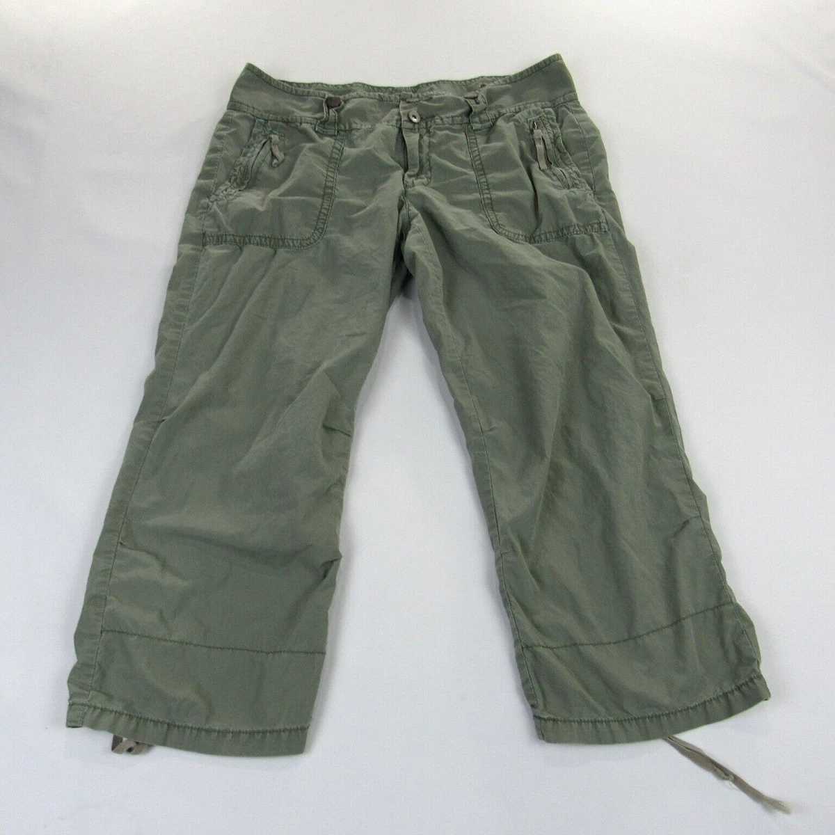 American Eagle Capri Pants Womens Size 10 Green Ruched Tie Hem Zip Pockets