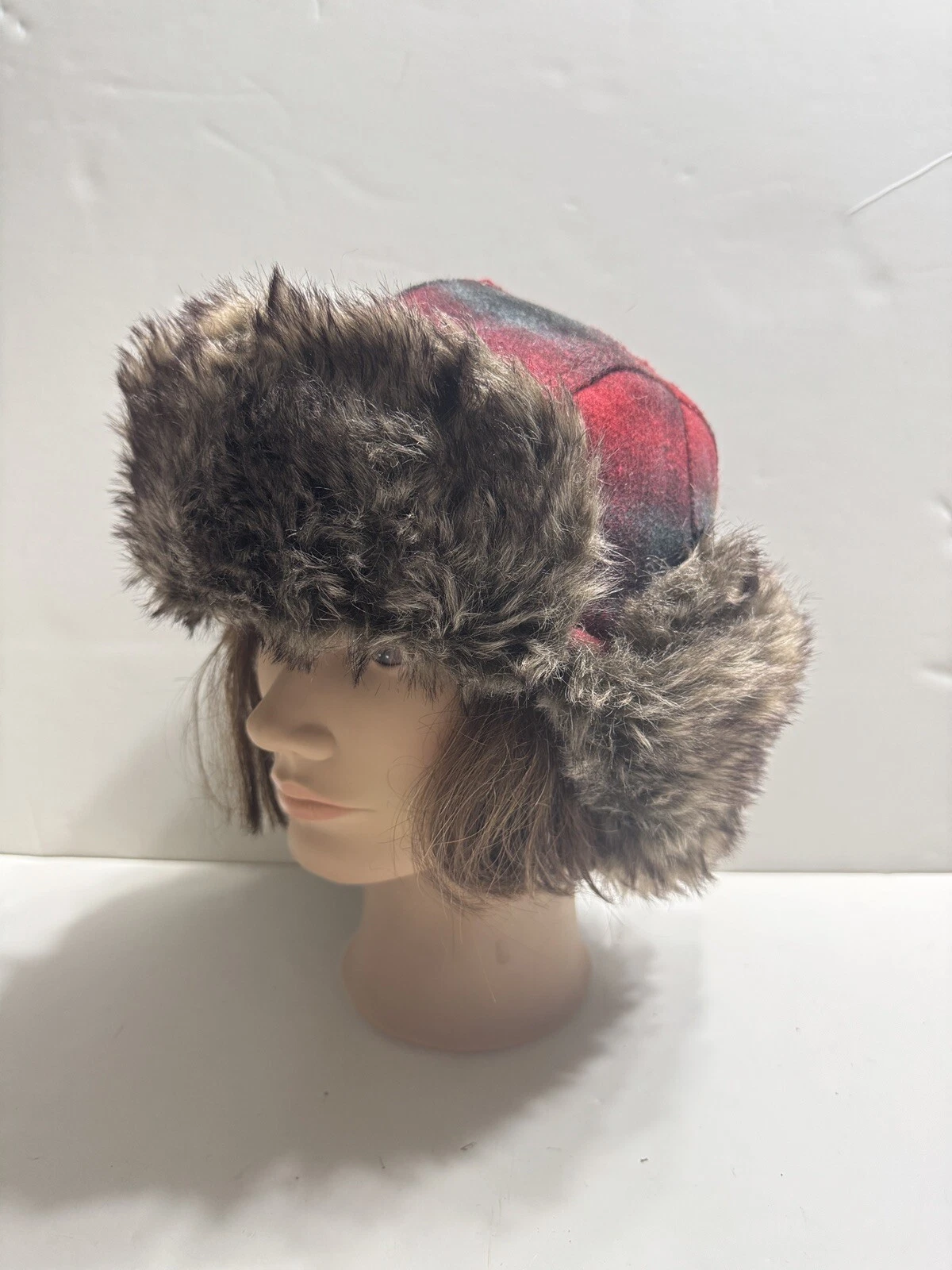 Swiss Tech Mens Trapper Hat Fur Trim Red Black Buffalo Check Plaid
