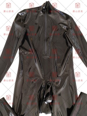 5409 Black latex gummi catsuit codpiece hidden two sheath front zip custom made