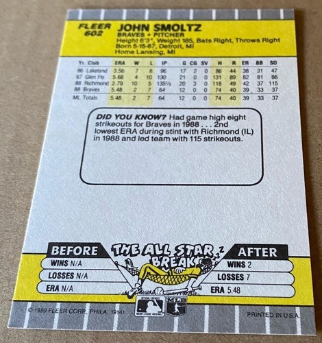 JOHN SMOLTZ HOF 1989 FLEER Rookie Card #602 NM-MT Condition - Picture 2 of 2