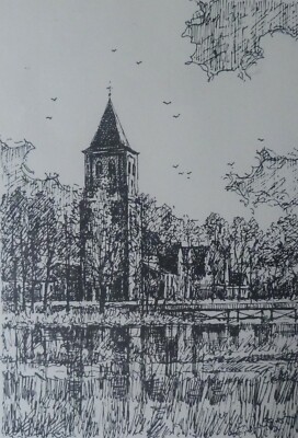 Tuschezeichnung der Kirche ST. VINCENTIUS in MEHR, Rees, Kleve, NRW