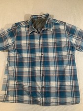 Eddie Bauer Shirt Mens 2XL Fishing Aqua Plaid Nylon Blend Button Up Flap Pockets