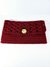 Vintage Handmade Crochet Red Clutch Gold Button Accent Close