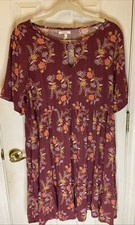 Maurices Dress XXL Burgundy Floral Keyhole Neck Short Sleeve Rayon