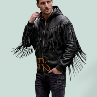 Men s Genuine Lambskin Leather Hoodie Fringe Western Tassel Jacket Black Zip Up