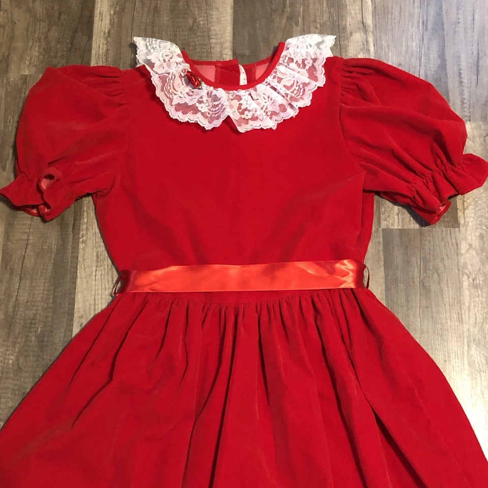 VTG Red Velveteen Lace Bow Dress Girl’s Sz 14 Holiday Christmas Jo Lene USA 80’s - Image 4 of 4