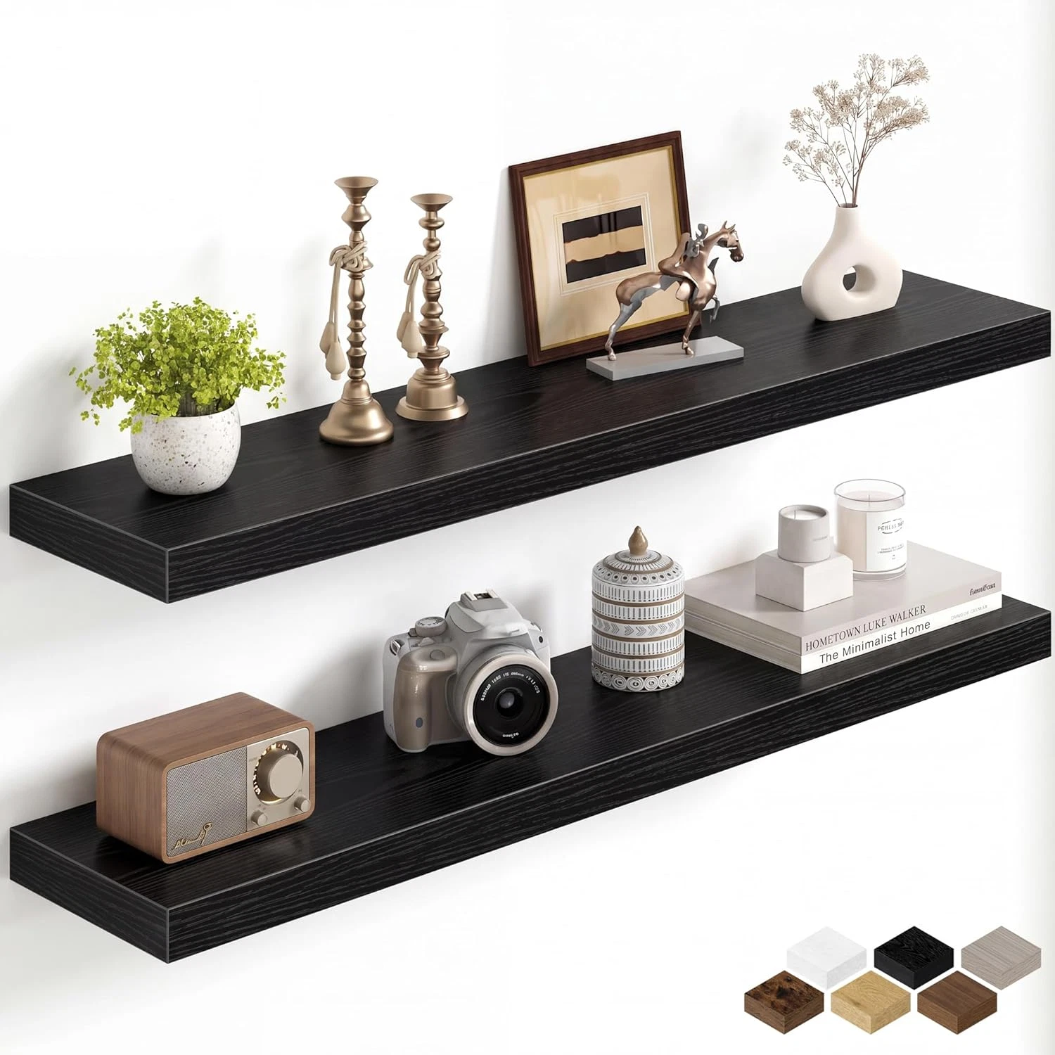 40" Black Floating Shelves - 2 Pack, 8" Deep Wall Storage for Home Decor