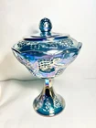 9 Indiana Blue Carnival Glass Compote Pedestal Harvest Grape 10" -  MINT