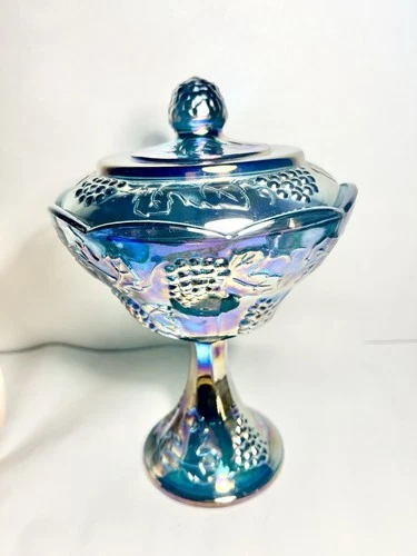 9 Indiana Blue Carnival Glass Compote Pedestal Harvest Grape 10" -  MINT