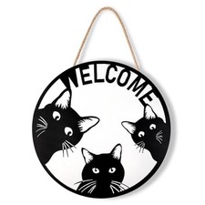 Black Cats Wooden Welcome Sign for Front Door, Roundanging Sign Decor for H