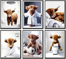 Highland Cow Bathroom Wall Art Prints, Rustic Decor, Unframed, 8X10 Inches, 6 Pc