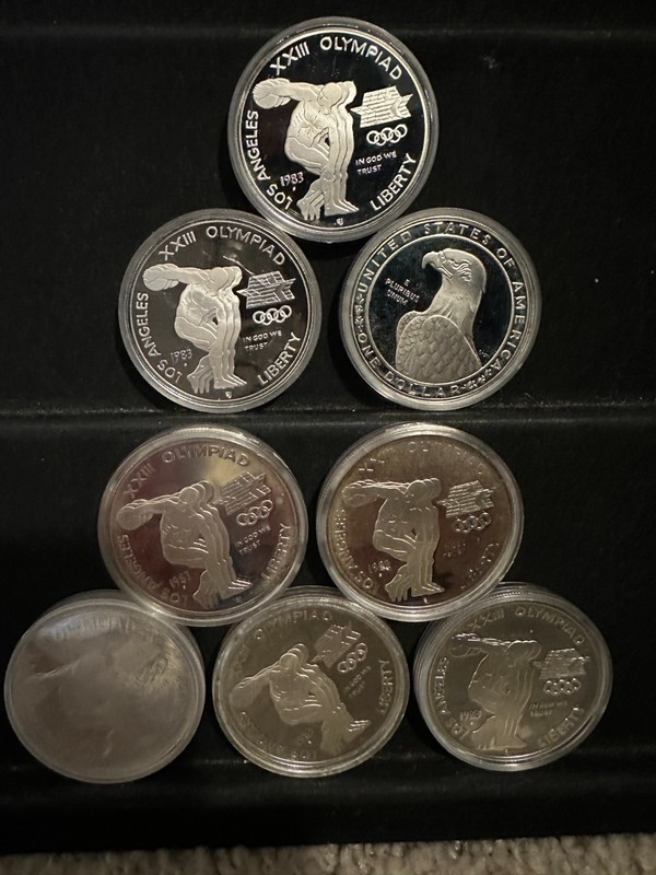 8 Coin 1983-S OLYMPIC Silver Dollar LOT OF EIGHT w/Capsules 6.18 oz PROOF