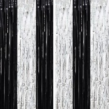 2 Pack Black and Silver Tinsel Foil Fringe Curtains, Black White Party Decora...
