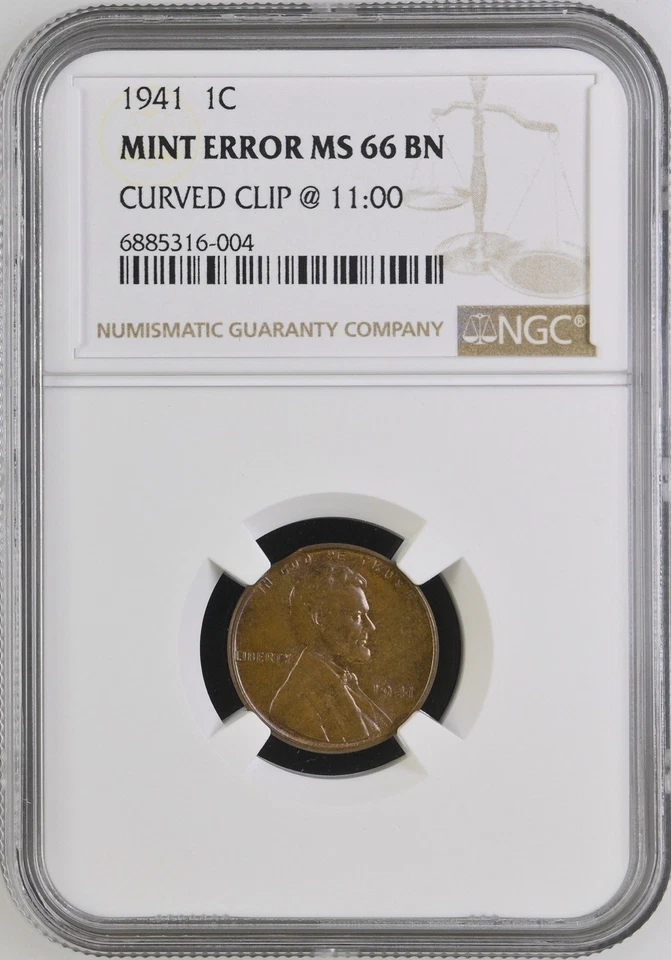 MINT ERROR - 1941 1C Cent NGC MS66BN┃CURVED CLIP @ 11:00 - Image 3 of 4