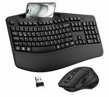 Wireless Ergonomic Keyboard Mouse Combo 2.4G Full Size Wave Keys Phone Holder