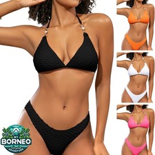Womens Triangle Bikini Set High Cut Textured Sexy Swimsuit Halter Neck Bathing 