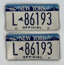 New York Official License Plate Set/Pair Matching Pair L-86193 White Blue