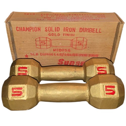 Vintage Pair of 5lb Champion Dumbells Weights Solid Iron Gold Sunsport w/ Box - Picture 2 of 10