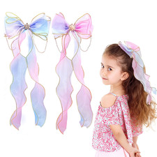 2 Pack Rainbow Ribbon Hair Bows for Girls Blue Purple Gradient Alligator Clips