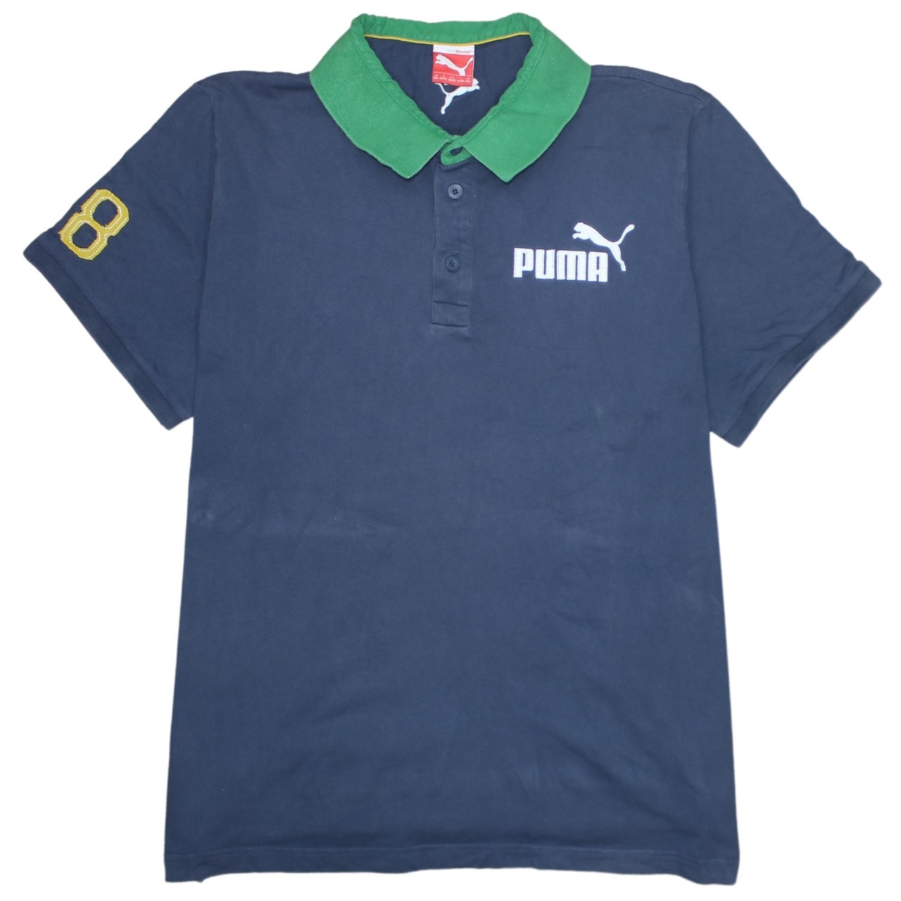 Puma Mens Polo Shirt Navy Blue Green Collar Embroidered Puma Logo Number 8 XXL