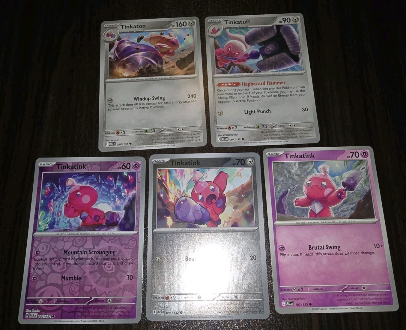 5 Tinkatink, Tinkaton & Tinkatuff Pokémon Cards NM 2 Reverse Holos.