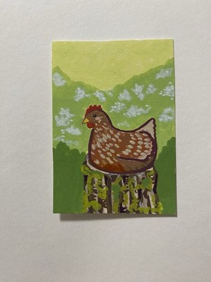 Original ACEO art, acrylic painting, Chicken flowers, Animals, luma_bop