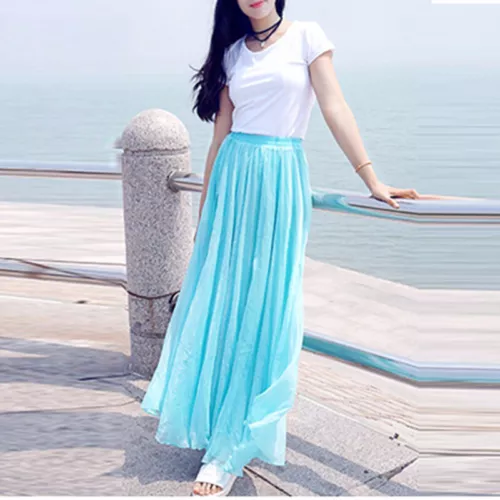 Damen Lange Röcke Hohe Taille Weiß Chiffon Sommer Boho Maxirock Strand Volant - Bild 25 von 40