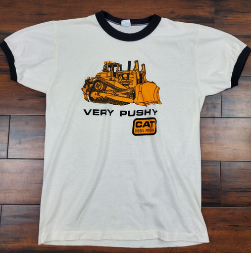 Vtg 1980's CAT Diesel Power "Very Pushy" Funny Ringer Shirt Size Large (Medium)