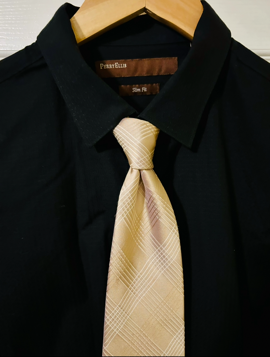 PERRY ELLIS - Men's Black Dress Shirt w/Claiborne Metallic Beige-Tone Tie - L | eBay PERRY ELLIS - Men's Black Dress Shirt w/Claiborne Metallic Beige-Tone Tie - L | eBay