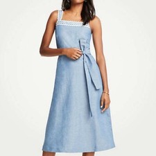 ANN TAYLOR LIGHT BLUE WAVY TRIM LINEN MIDI A-LINE FIT FLARE SZ: 14 TALL NWT 159
