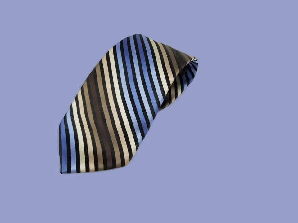 ¡Corbata de poliéster BERGAMO NY azules, marrones, beige y rayas negras HECHA A MANO! Foto 2 de 4