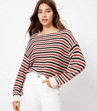 Loft Cream Striped Textured Scalloped Boatneck Pullover Sweater Size Small